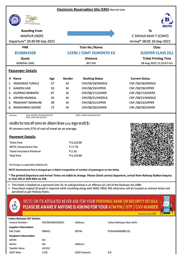 Original IRCTC A4 digital ticket