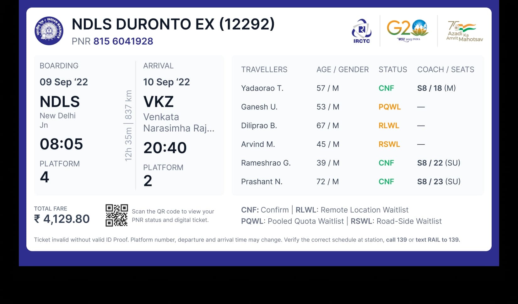 Original IRCTC digital ticket