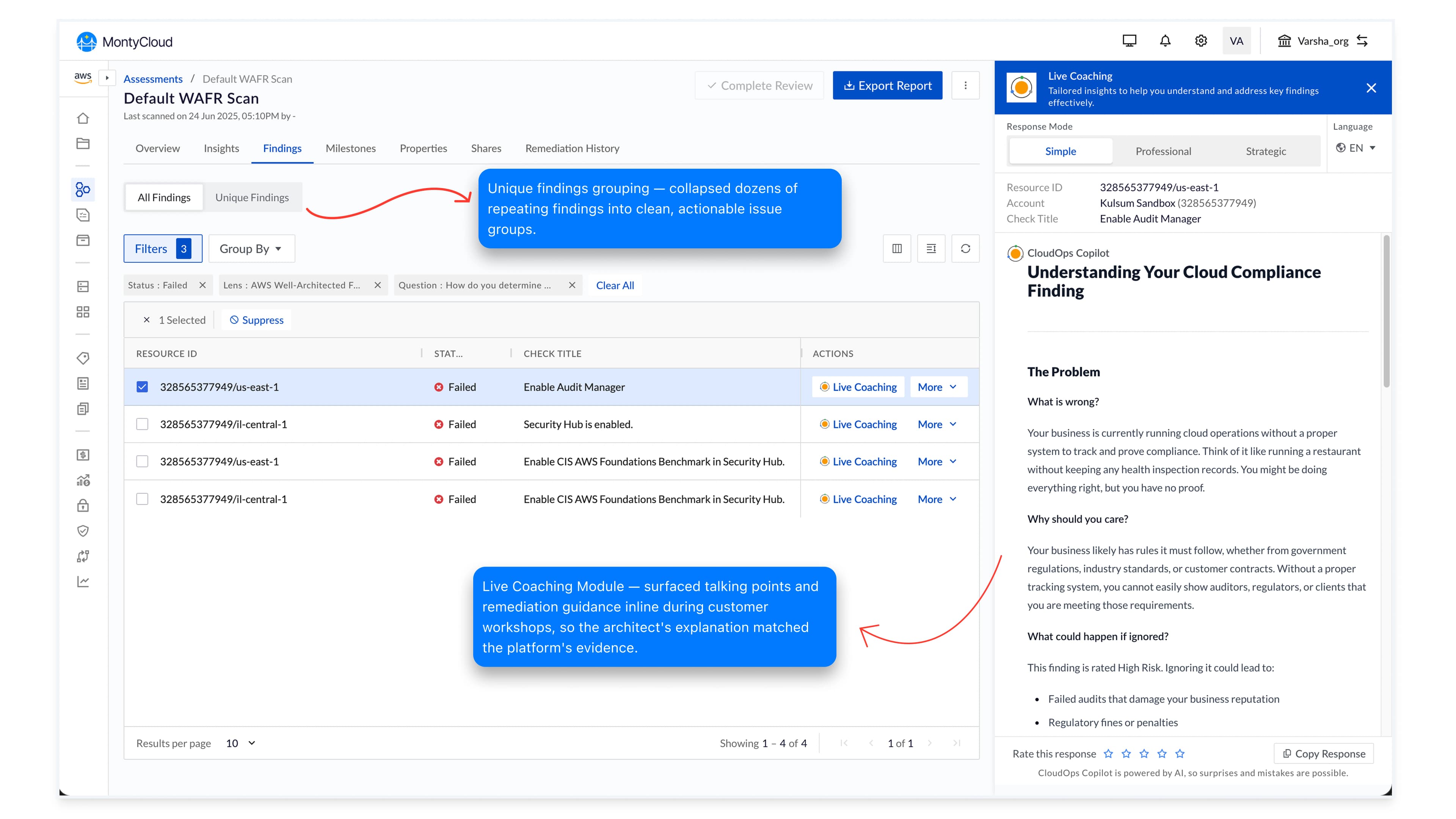 Live Coaching Module: contextual talking points and remediation guidance