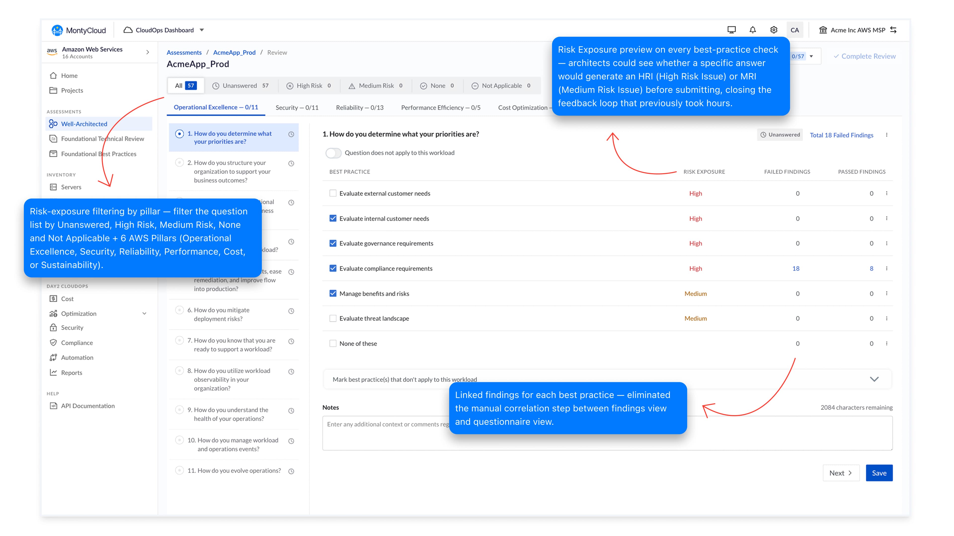 WAFR Checks key features: inline risk intelligence, filtering, and status indicators