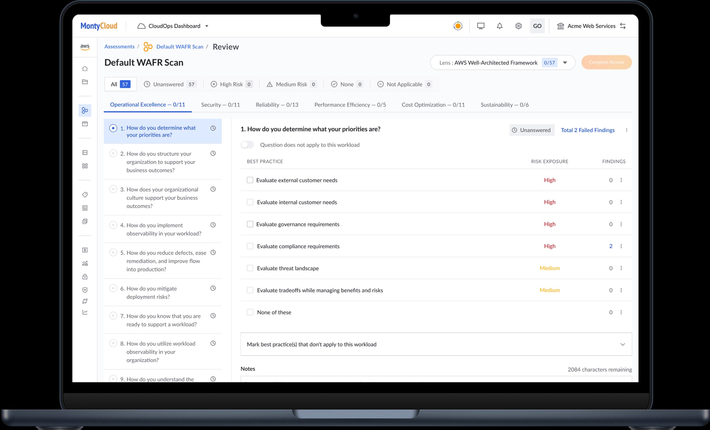 WAFR Checks to Best Practices - Interface Screenshot
