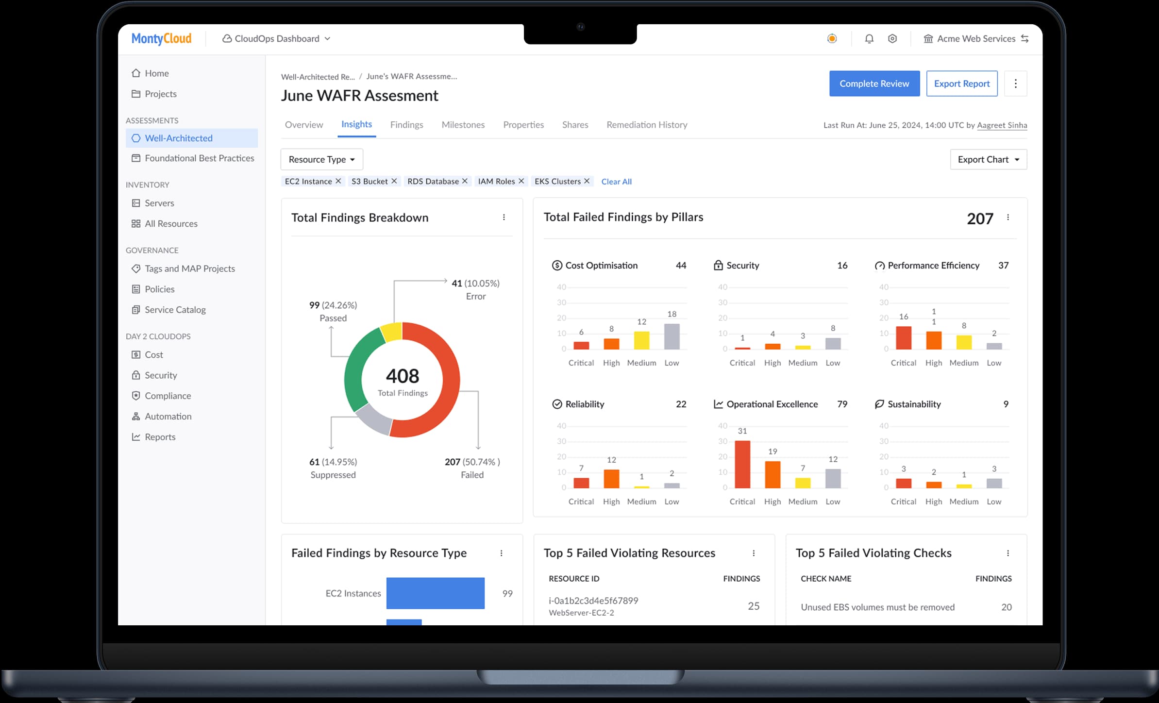 WAFR Insights Dashboard - Interface Screenshot