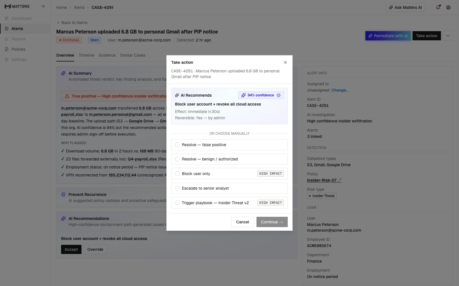 Take action modal for CASE-4291: AI recommendation card with confidence, effect, and reversibility, plus five manual alternatives below